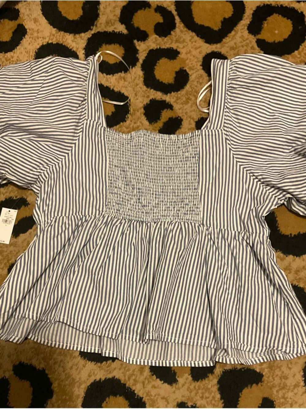 Old Navy Blue & White Striped Puff-Sleeve Peplum Top